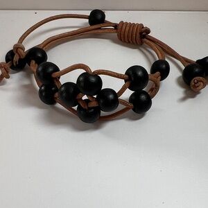 Black Beaded Leather Bracelet unisex adjustable